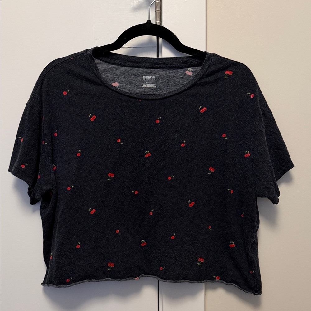 PINK Victoria's Secret Black Crop Top with Cherry Print